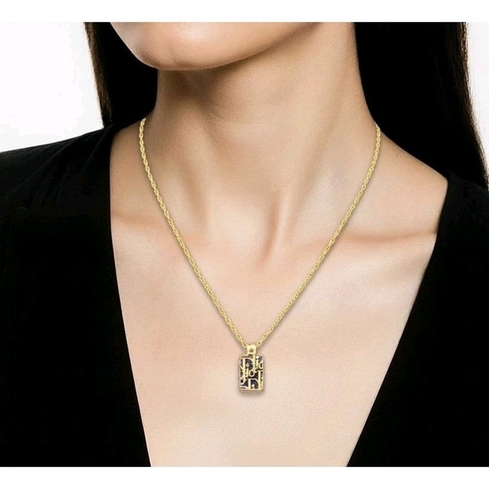 Dior Oblique Pendant Necklace Womens Blue Gold Crystal Logo Charm Designer Y2K